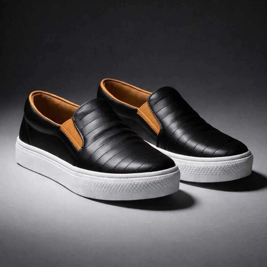 Tênis Masculino Slip-On Elástico Calce Fácil Leve Macio Confortável Envio Imediato - Preto - Visão 1