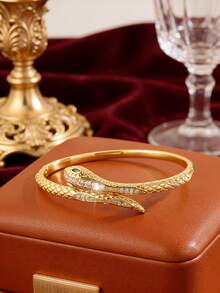 Camhanno 1 Pc - Captivating Serpentine Copper Bracelet With An Intertwined Design That Tells A Story, Featuring Full Zirconia Details And A Serpentine Texture That Creates A Unique And Sophisticated Feel. - Gold - View 2