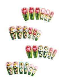 24pcs Spring And Summer Pink Tulips Press On Fake Nails , Cute Bees Nail Set Perfect For Everyday Wear - Multicolor - View 2