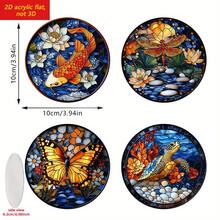 Bộ 4 đế lót ly tròn bằng acrylic phong cách Bohemian, in hình 2D phẳng hình rùa, bướm, chuồn chuồn và cá chép Koi, thích hợp cho nhà bếp, phòng ăn, quán cà phê, có khả năng cách nhiệt và chống trượt. - Nhiều màu - Xem 7