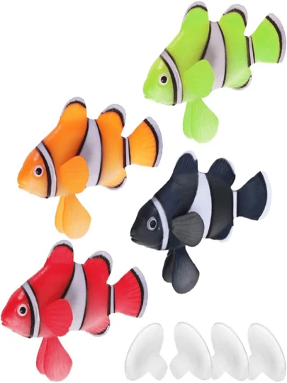 Juego de decoración de peces payaso artificiales flotantes y luminosos de silicona para acuario, 4 colores (rojo, verde, naranja y negro)