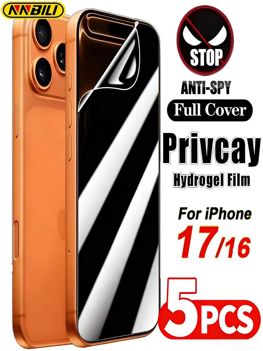 NNBILI 5片装防窥水凝胶膜屏幕保护膜 - 无气泡、全覆盖、高透明度、防刮花、防偷窥、易于安装、兼容手机壳，适用于 17 Pro Max/17/16/15/14/13/12/11/Xs Max/X/Xr/Pro Max/Pro/Air/E/Plus/Mini等机型，非玻璃材质，是日常、办公、居家使用的理想之选。这款手机屏幕保护膜防水、防震、防摔、防刮花，是保护手机隐私的必备良品。
