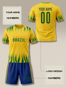 Brazil Football Jersey Set: Customizable With Team Name, Number And Logo. Vibrant Yellow-Green Design, Quick-Dry Fabric, Suitable For Matches, Training And Fan Wear - Yellow - View 2