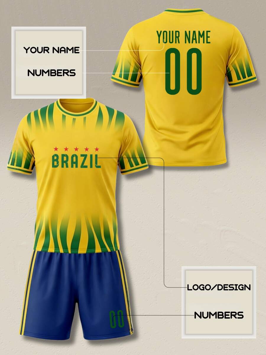 Brazil Football Jersey Set: Customizable With Team Name, Number And Logo. Vibrant Yellow-Green Design, Quick-Dry Fabric, Suitable For Matches, Training And Fan Wear