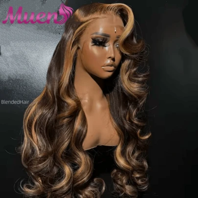 34英寸200%密度挑染假发，真人发混纺，13x4/5x5高清透明蕾丝前额真人发混纺假发，4/27波浪卷混纺发，预先拔毛打造自然发际线，预先漂白隐形发结，带婴儿发，适合角色扮演，万圣节或派对适用