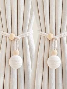 2Pcs Nordic-Style Cotton And Linen Curtain Tiebacks, No-Drill Woven Ball Pendant Style, Versatile Curtain Fasteners - White - View 7