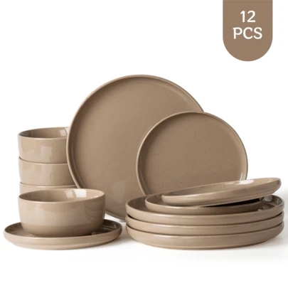 Richmount 12-teiliges Teller-Set, Steingut-Geschirrset für 4 Personen mit Speisetellern, Desserttellern, Müslischalen, mikrowellen- und spülmaschinenfest,