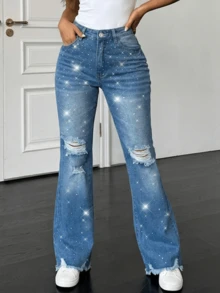 女士优雅高腰闪亮水钻牛仔裤，时尚破洞喇叭牛仔裤，毛边裤脚，适合夜间外出的牛仔凉鞋，精致的Y2K美学做旧牛仔裤 - 中等水洗藍 - 查看 6