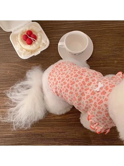  1pc LANGXINGCS Pet Clothes, Breathable & Cool Dog Shirt, Small Butterfly Decor Lace Cat Short Sleeve, Cute Pet Floral Outfit, Suitable For Medium & Small Cats And Dogs