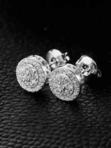 2只装男女通用圆形锆石耳钉，镀银，嘻哈音乐节派对情侣配饰，情人节女友礼物 - 銀色 - 查看 3