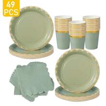 8pcs Sage Green & Gold Rim Disposable Plates, Napkins, Cups Set, One-Time Party Supplies Suitable For Birthday, Wedding, Theme Party, Family Picnic - Multicolor - View 1