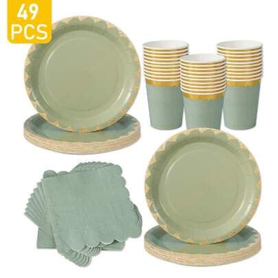 8pcs Sage Green & Gold Rim Disposable Plates, Napkins, Cups Set, One-Time Party Supplies Suitable For Birthday, Wedding, Theme Party, Family Picnic