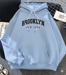 Unisex Kangaroo Hoodie, Basic Cold Weather Sweatshirt, Flannel Jacket For Men And Women, Cotton Print, Brooklyn Fabric, Drawstring, Pocket, School/Winter - 淺藍色 - 查看 6
