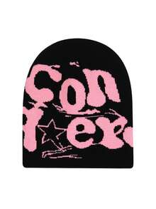 Korean Style Women's Knit Hat, Jacquard Letter Pattern, Fashionable Skull Cap, Street Style Beanie - Black - View 4