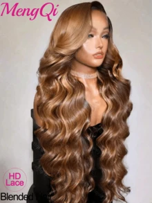 34英寸 5x5 13x4 蜜金色渐变蕾丝前假发，427# 波浪蕾丝前假发 5x5 13x4 蜜金色混发蕾丝前假发，蓬松自然 - S4/27 - 查看 2