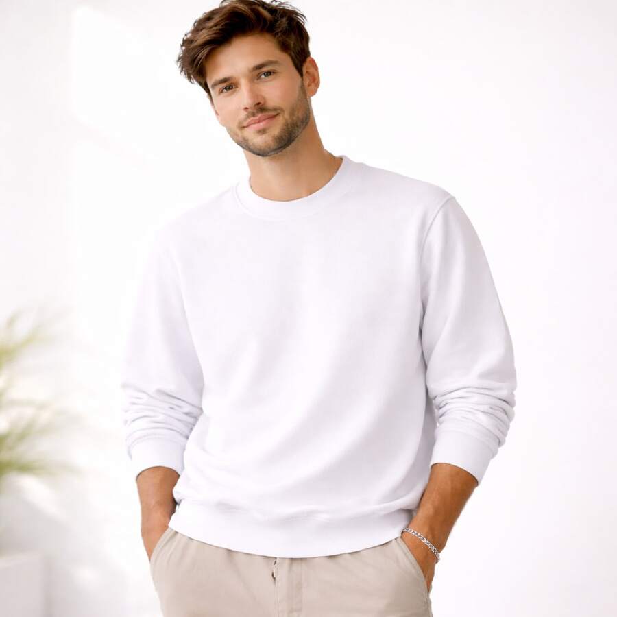 Men's Crew Neck Fleece Sweatshirt, Thick Winter Coat, Cotton - 白色 - 查看 1