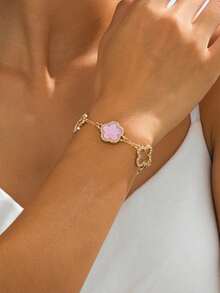 1pc Fashionable Luxury Elegant Crystal Hollow Clover & Flower Pendant Bracelet (Excluding Gift Box) - Pink - View 2