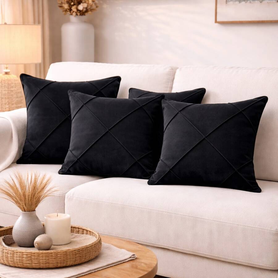 Kit Of 4 Draped Suede Cushion Covers 45x45 With Invisible Zipper - 4 Black - View 1