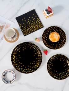 Black & Gold Polka Dot Disposable Plates, Napkins, Cups - 8 Guest Party Supplies Set, Suitable For Birthday, Wedding, Theme Party, Family Picnic - Multicolor - View 3