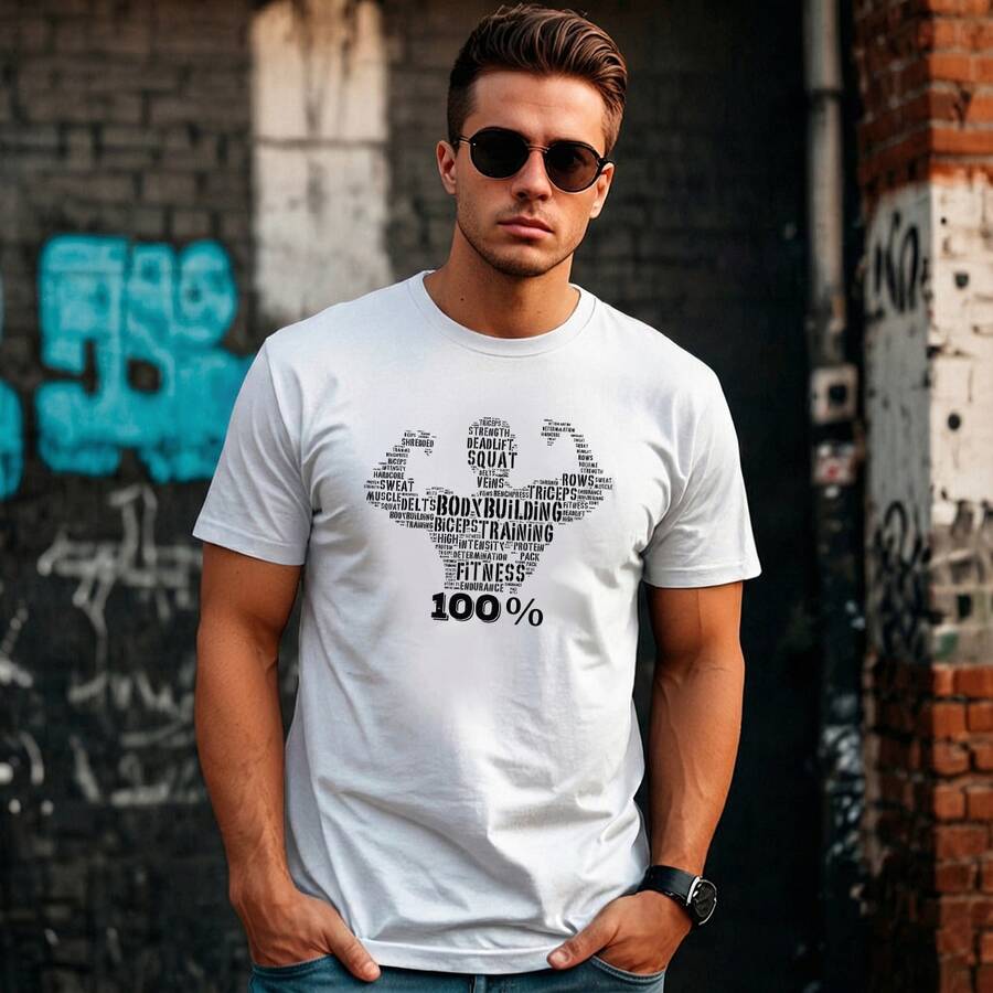 Camiseta masculina de algodão de manga curta com estampa motivacional de fisiculturistas. Camiseta casual. - Branco - Visão 1