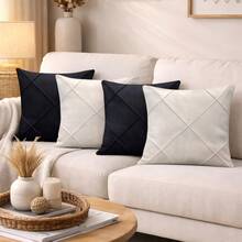 Kit Of 4 Draped Suede Cushion Covers 45x45 With Invisible Zipper - 2 Beige + 2 Black - View 1