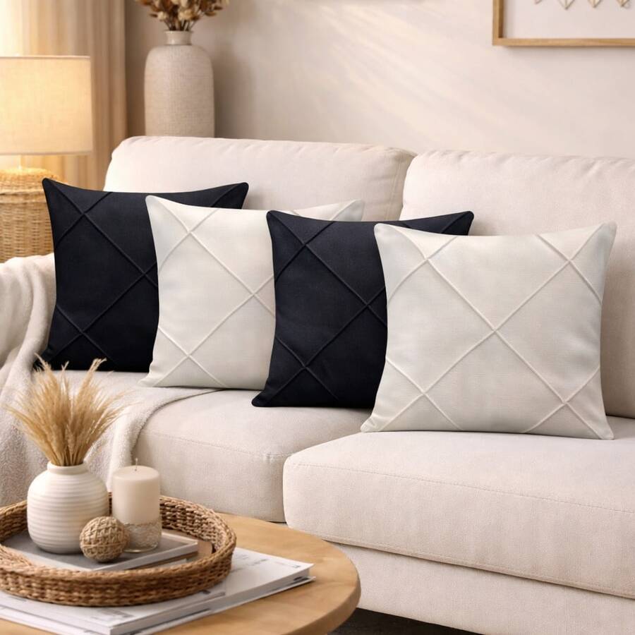 Kit Of 4 Draped Suede Cushion Covers 45x45 With Invisible Zipper - 2 Beige + 2 Black - View 1