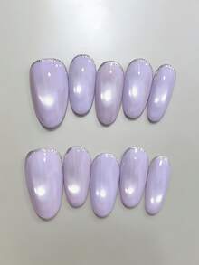 10片纯手工制作长椭圆形紫色银色猫眼美甲贴片，法国可爱Y2K风格，温柔优雅，适合女性和女孩，春夏秋冬皆宜，节日和日常佩戴。 - 淡紫色 - 查看 1