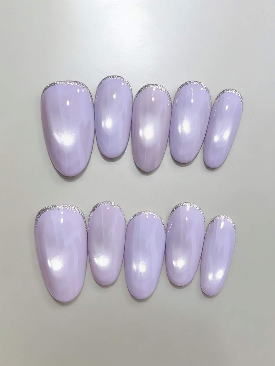 10片纯手工制作长椭圆形紫色银色猫眼美甲贴片，法国可爱Y2K风格，温柔优雅，适合女性和女孩，春夏秋冬皆宜，节日和日常佩戴。 - 淡紫色 - 查看 1