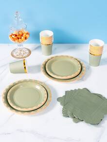8pcs Sage Green & Gold Rim Disposable Plates, Napkins, Cups Set, One-Time Party Supplies Suitable For Birthday, Wedding, Theme Party, Family Picnic - Multicolor - View 5