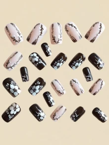 24 Pieces Of Nails Black And White Flower Design For Nails Press On Fake Nails Nails Supplies Art Y2k Nails - Black and White - View 3