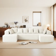 Boneless Couch,Modular U-Shaped Corduroy Sectional Sofa,130-Inch 4-Seater Chaise Lounge With Reversible Design, No Assembly Modular Cloud Couch, 72-Hour Fluff Recovery, Striped Corduroy Fabric In Beige/White – Sectional Living Room Or Bedroom Couch, Freely Configurable Layout. - Màu be - Xem 10