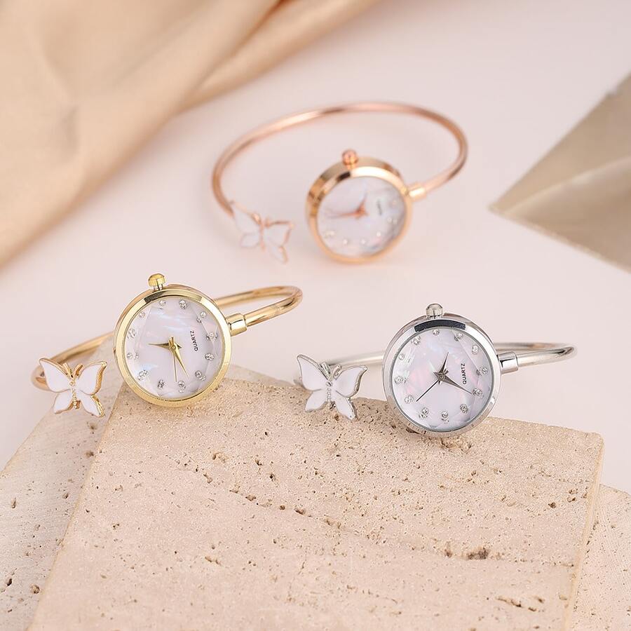 女士蝴蝶表带手链腕表，时尚白色表盘搭配白色蝴蝶图案，可调节表带，石英表，适合作为送给女朋友、情人节、七夕节的礼物 - 金色 - 查看 1