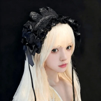 1件便携式可爱蕾丝洛丽塔风格发箍，缎带系带设计，黑色蝴蝶结，拱形发箍形状，褶皱蕾丝细节，装饰配饰，洛丽塔风格蕾丝发饰，发箍