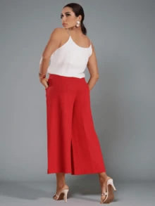 Women's Linen Capri Midi Button Pocket Wide Leg Flare High Waist Casual Pantacourt Pants - Red - View 2