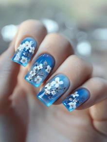 24 Pieces Of Nails Blue And White Flower Design Nails Press On Fake Nails Nails Supplies Art Y2k Nails - Blue and White - View 8