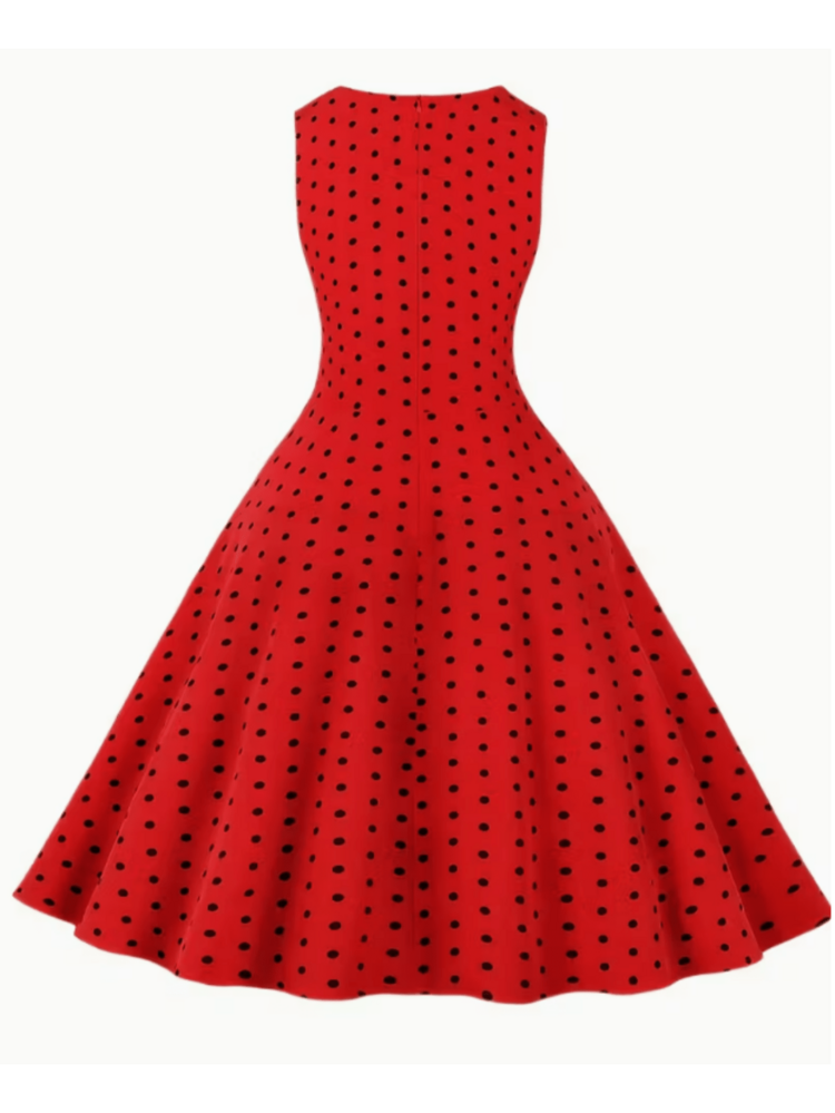 新款印花装饰腰带，休闲圆领无袖连衣裙，优雅女士春、夏、秋季度假服装 - 紅色 - 查看 2