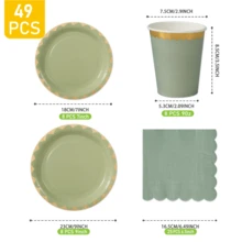 8pcs Sage Green & Gold Rim Disposable Plates, Napkins, Cups Set, One-Time Party Supplies Suitable For Birthday, Wedding, Theme Party, Family Picnic - Multicolor - View 2