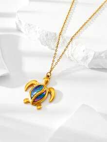 1件时尚不锈钢海洋系列项链吊坠，女士款，饰有海龟、海星、蝠鲼图案，是夏季海滩度假的理想之选 - 金黃色 - 查看 16