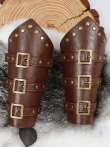 2pcs Steampunk PU Leather Wristbands | Adjustable Medieval Wrist Cuffs, Suitable For LARP And Cosplay - A - View 3