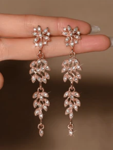 1 Pair Women's Rhinestone Inlaid Long Dangle Earrings - Rose Gold - View 4