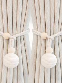 2Pcs Nordic-Style Cotton And Linen Curtain Tiebacks, No-Drill Woven Ball Pendant Style, Versatile Curtain Fasteners - White - View 4