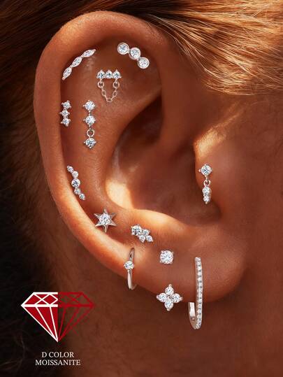 1Pc 925 Sterling Silver Moissanite Classic Geometric Elements Stud Earring Flat Back Cartilage Helix Piercing Suitable For Women For Daily, Dates, Vacation, Wedding, Party, Holiday Gift