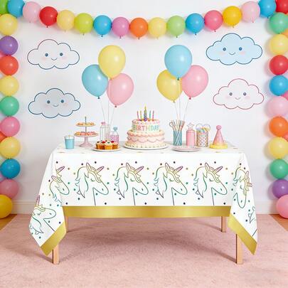 独角兽桌布，彩虹独角兽印花塑料桌布，金色滚边，生日派对、婴儿派对、独角兽主题派对用品，54英寸 x 108英寸