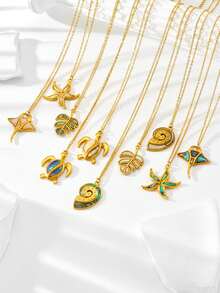 1件时尚不锈钢海洋系列项链吊坠，女士款，饰有海龟、海星、蝠鲼图案，是夏季海滩度假的理想之选 - 金黃色 - 查看 3