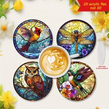 4pcs 2D Flat Printed Bohemian Style Acrylic Round Coasters, Patterns Of Cardinal, Dragonfly, Owl, Hummingbird, Suitable For Restaurant, Cafe, Kitchen, Heat-Resistant Placemats & Coasters - Multicolor - View 3