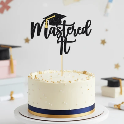 1Pc Mastered It Glitter Cake Topper, Graduation Party Decorations, Class Of 2026 Master's Degree Celebration Dessert Insert, Elegant Black & Gold Party Supplies