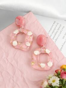 1 Pair Cute Pink Polka Dot & Gold Geometric Acrylic Earrings, Perfect Daily Accessory - Pink - View 1