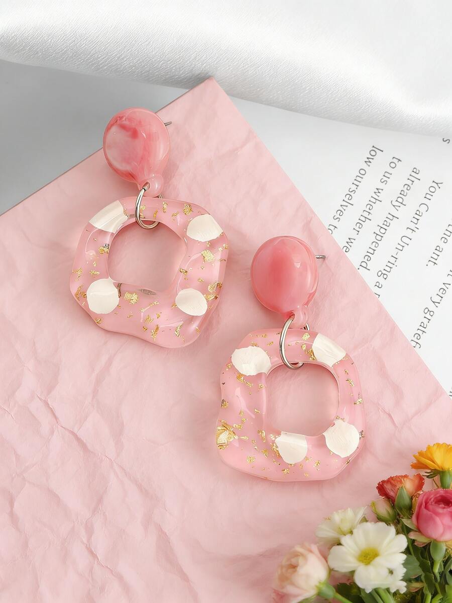 1 Pair Cute Pink Polka Dot & Gold Geometric Acrylic Earrings, Perfect Daily Accessory - Pink - View 1