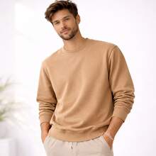 Men's Crew Neck Fleece Sweatshirt, Thick Winter Coat, Cotton - Beige - View 1