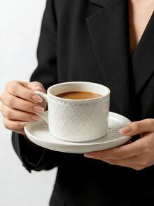 Conjunto de 1 xícara e pires com relevo em padrão de diamante branco simples, elegante louça francesa de alta qualidade para chá da tarde, xícaras e pires retrô em branco puro para leite e café, ideal para casa, restaurante, cafeteria, doceria e como presente. - Branco - Ver 3